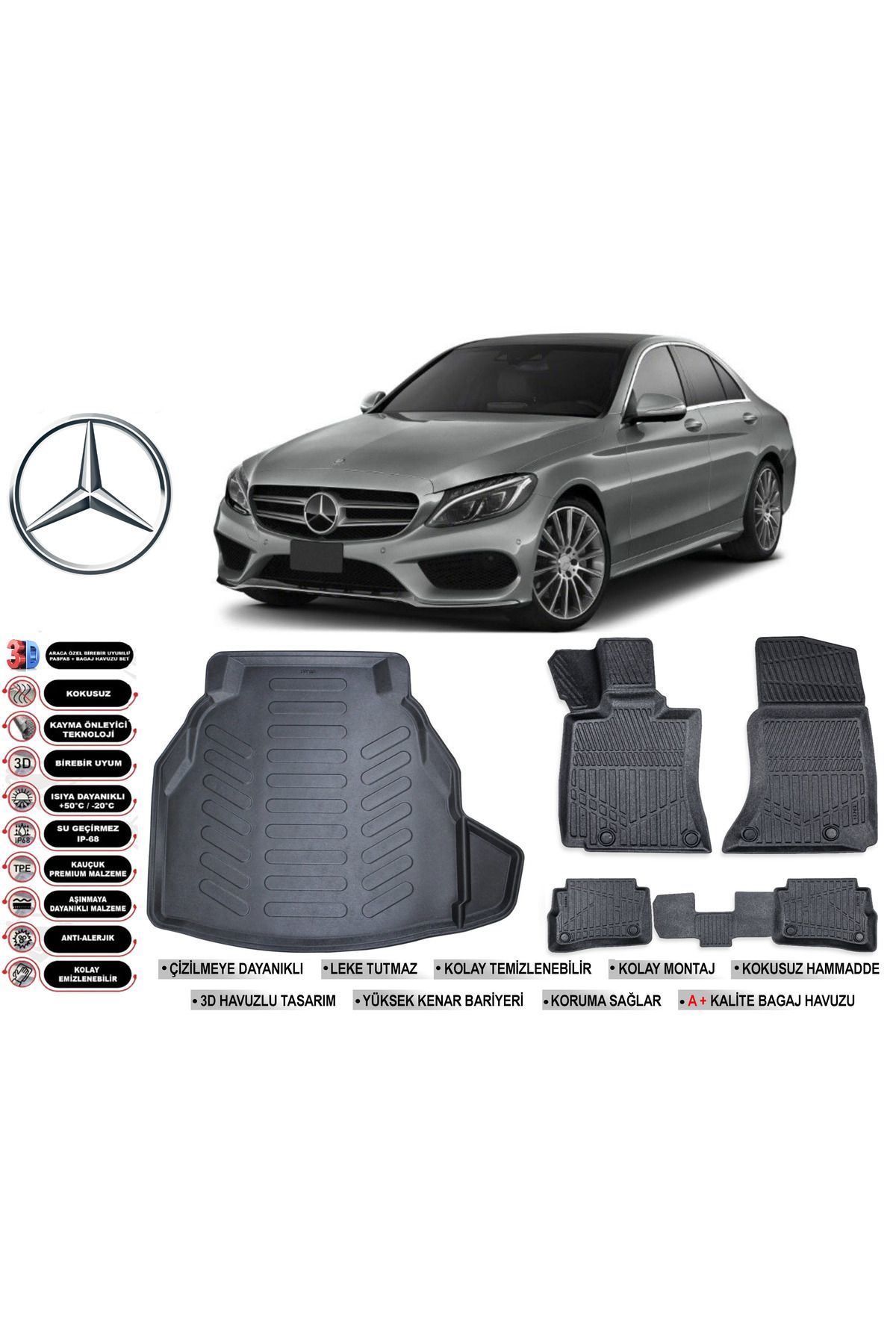 Mercedes C Serisi W205 2017 Model Plastik Bagaj Havuzu Araca Özel Siyah Extra Havuzlu Paspas Takımı