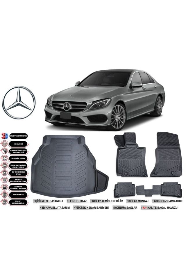Mercedes C Serisi W205 2017 Model Plastik Bagaj Havuzu Araca Özel Siyah Extra Havuzlu Paspas Takımı