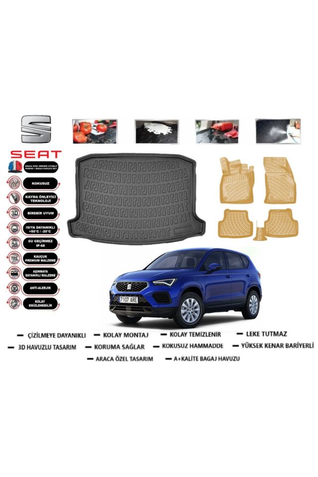 Seat Ateca 2023 Model Bagaj Havuzu(paspası)+Araca Özel Bej Paspas Takımı Flex