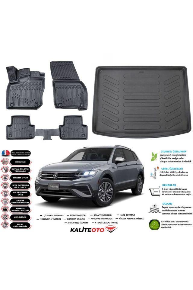 Volkswagen Tiguan 2019 Model Üst Esnek Bagaj Havuzu Araca Özel Siyah Paspas Takımı