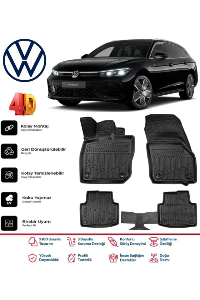 Volkswagen Passat B9 2024 Ve Sonrası 4.5D Plus Havuzlu Siyah Paspas Takımı Yumuşak