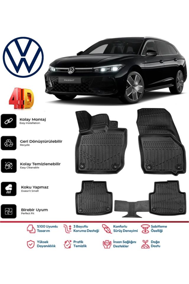 Volkswagen Passat B9 2024 Ve Sonrası 4.5D Plus Havuzlu Siyah Paspas Takımı Yumuşak