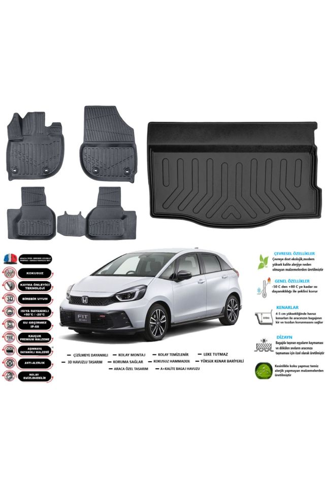 Honda Jazz 2025 Model Esnek Bagaj Havuzu Araca Özel Siyah Paspas Takımı