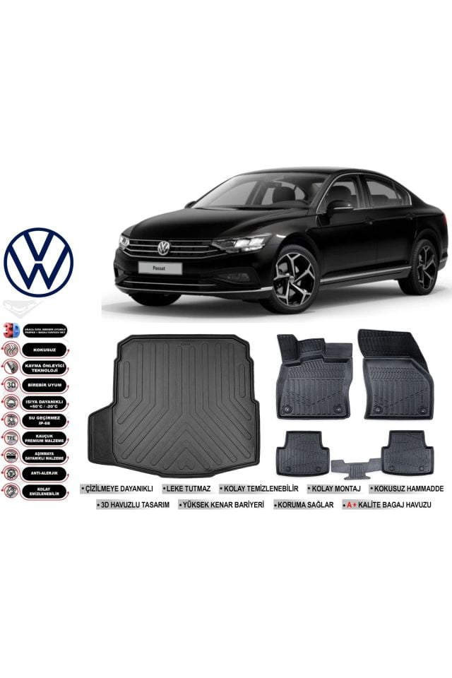 Volkswagen Passat B8 İmpression 2019 Model Bagaj Havuzu Araca Özel Siyah Havuzlu Paspas Takımı Sett