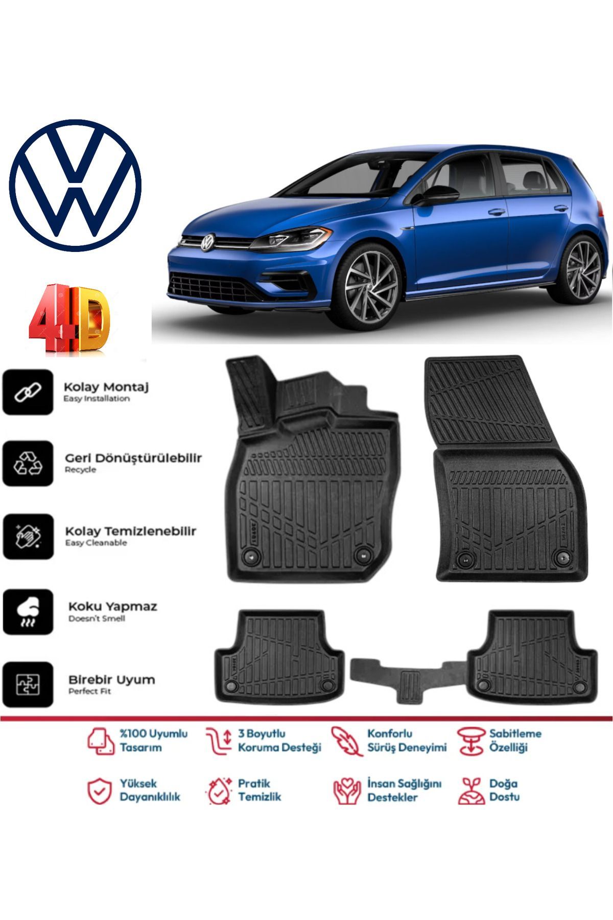 Volkswagen Golf 7 2012-2021 4.5D Plus Havuzlu Siyah Paspas Takımı Yumuşak