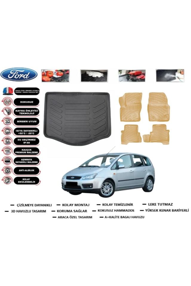 Ford C-Max 2006 Model Bagaj Havuzu+Araca Özel Bej Paspas Takımı Flex