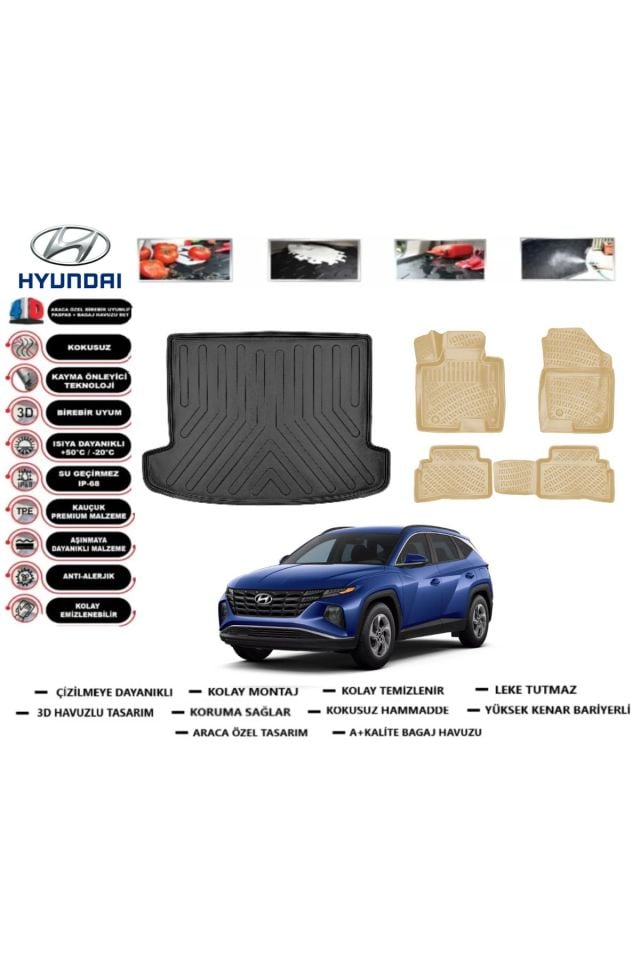 Hyundai Tucson Elite Plus 2023 Model Bagaj Havuzu(paspası)+Araca Özel Bej Paspas Takımı Flex