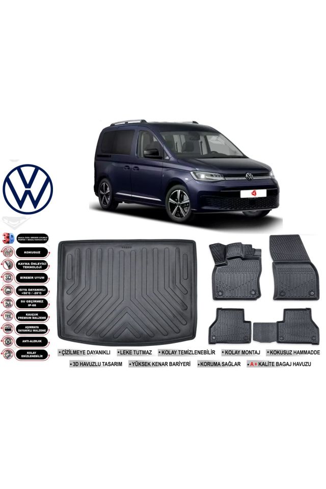 Volkswagen Caddy 2024 Model Bagaj Havuzu Araca Özel Siyah Havuzlu Paspas Takımı Sett