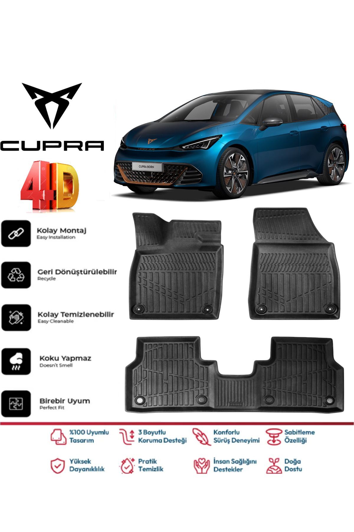 Cupra Born 2024 Ve Sonrası 4.5D Plus Havuzlu Siyah Paspas Takımı Yumuşak