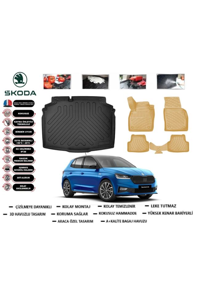 Skoda Fabia 2025 Model Bagaj Havuzu(paspası)+Araca Özel Bej Paspas Takımı Flex