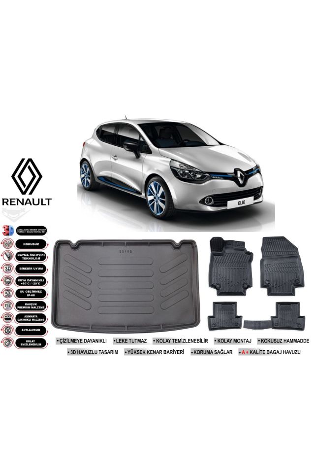 Renault Clio 4 2019 Model Bagaj Havuzu Araca Özel Siyah Kokusuz Havuzlu Paspas Takımı