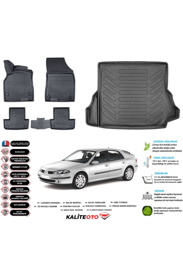 Renault Laguna 2 2002 Model Esnek Bagaj Havuzu Araca Özel Siyah Paspas Seti