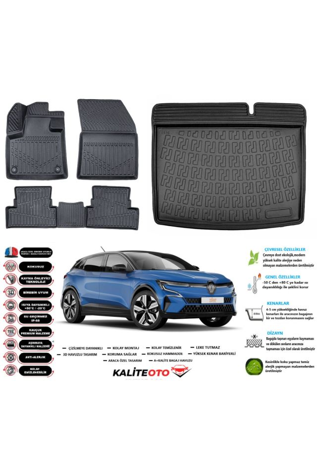 Renault Megane  E-Tech  2025 Model Esnek Bagaj Havuzu Araca Özel Siyah Paspas Seti
