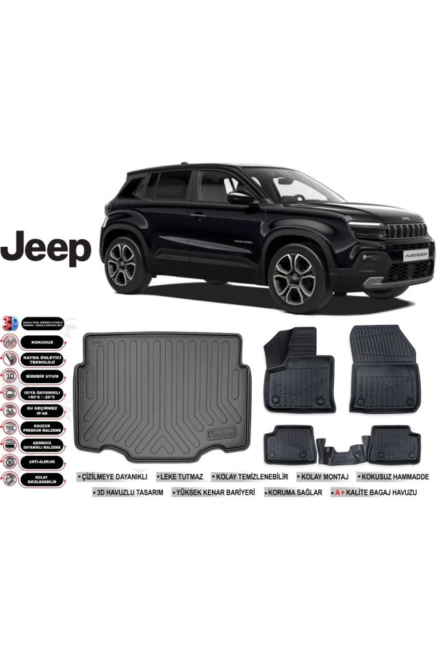 Jeep Avanger Elektrikli 2024 Model Alt Bagaj Havuzu Araca Özel Siyah Havuzlu Paspas Takımı Sett