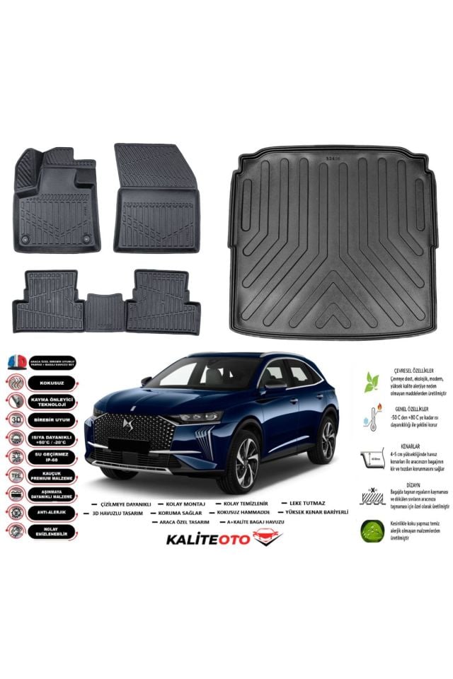 DS7 Crossback 2021 Model Esnek Bagaj Havuzu Araca Özel Siyah Paspas Seti
