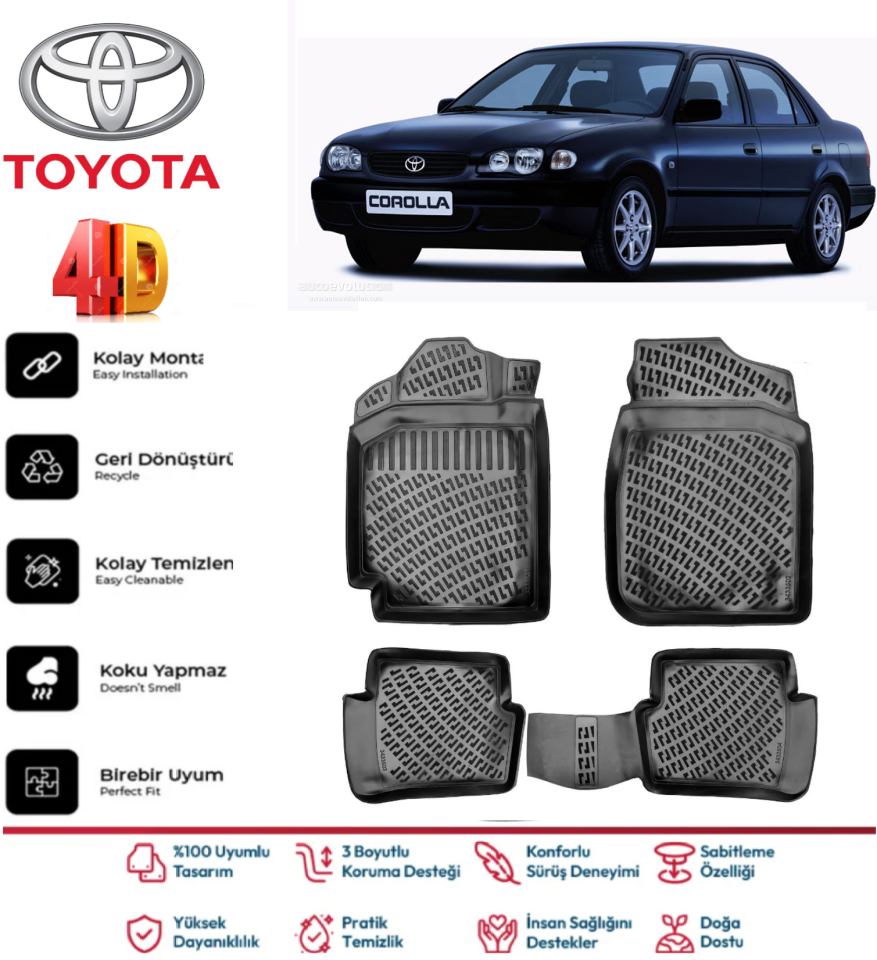 Toyota Corolla 1999-2001 4D Araca Özel Havuzlu Kokusuz Paspas Takımı