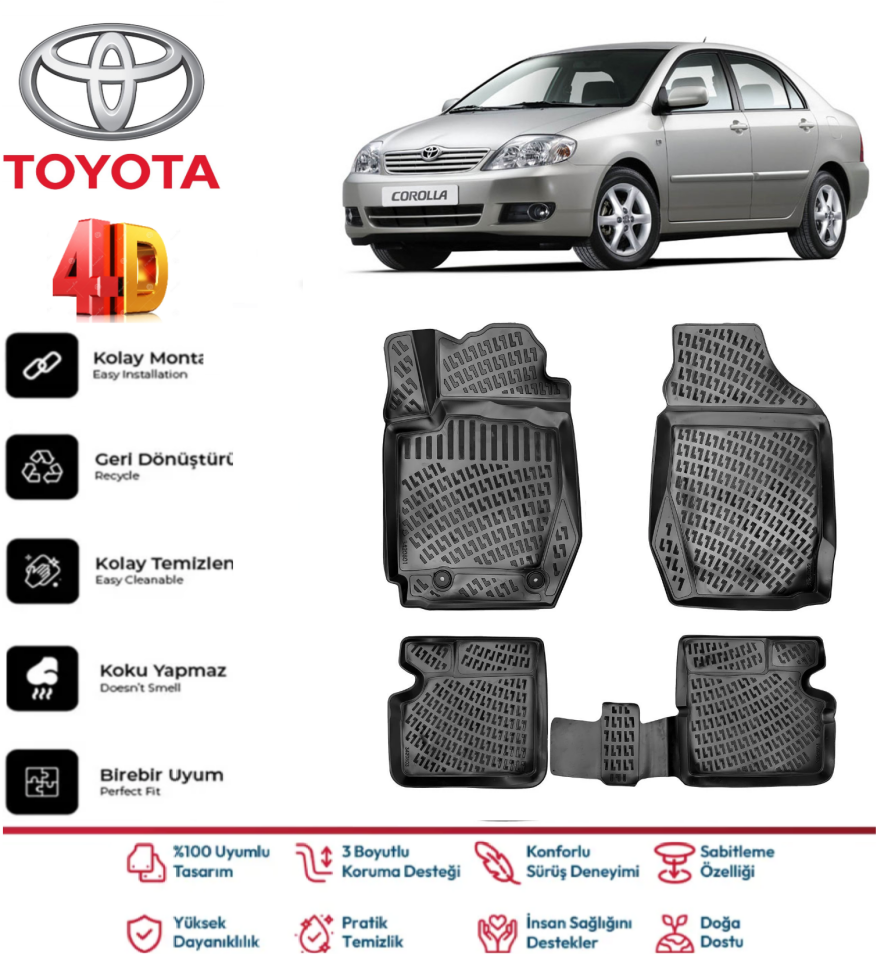 Toyota Corolla 2001-2006 4D Araca Özel Havuzlu Kokusuz Paspas Takımı