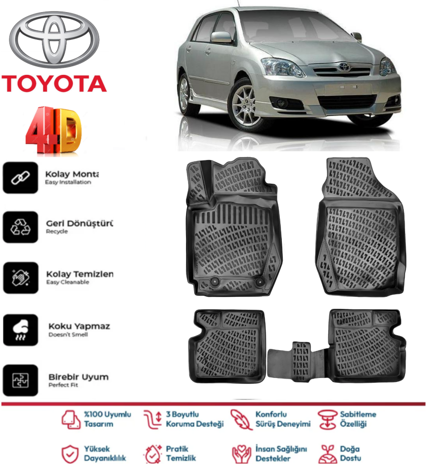 Toyota Corolla 2001-2006 Hatchback 4D Araca Özel Havuzlu Kokusuz Paspas Takımı