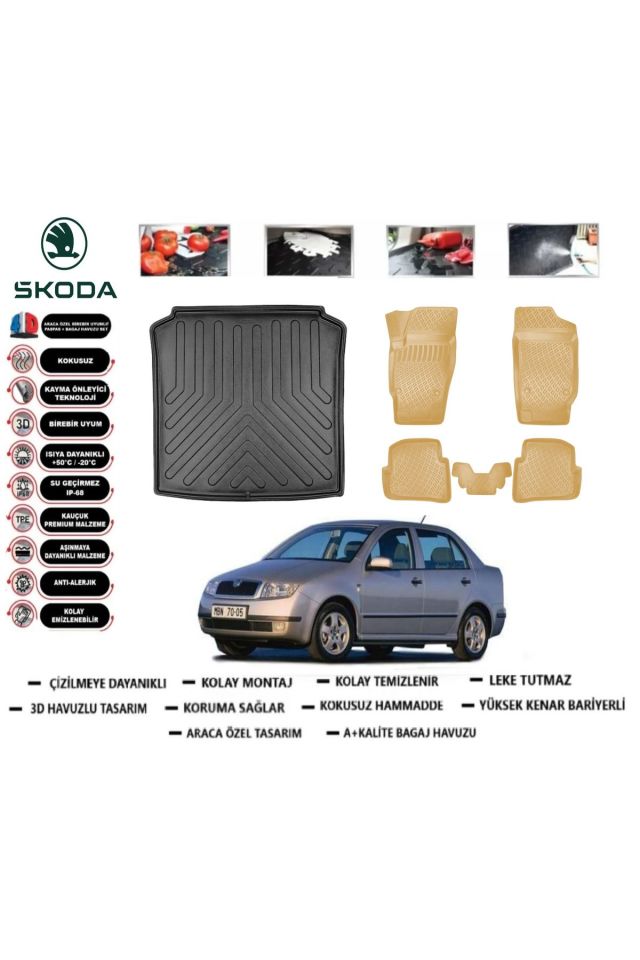Skoda Fabia Sedan 2001 Model Bagaj Havuzu(paspası)+Araca Özel Bej Paspas Takımı Flex