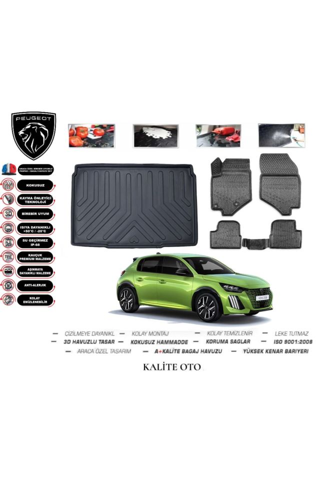 Peugeot 208 2023 Model 3D Bagaj Havuzu+4D Havuzlu Paspas Seti