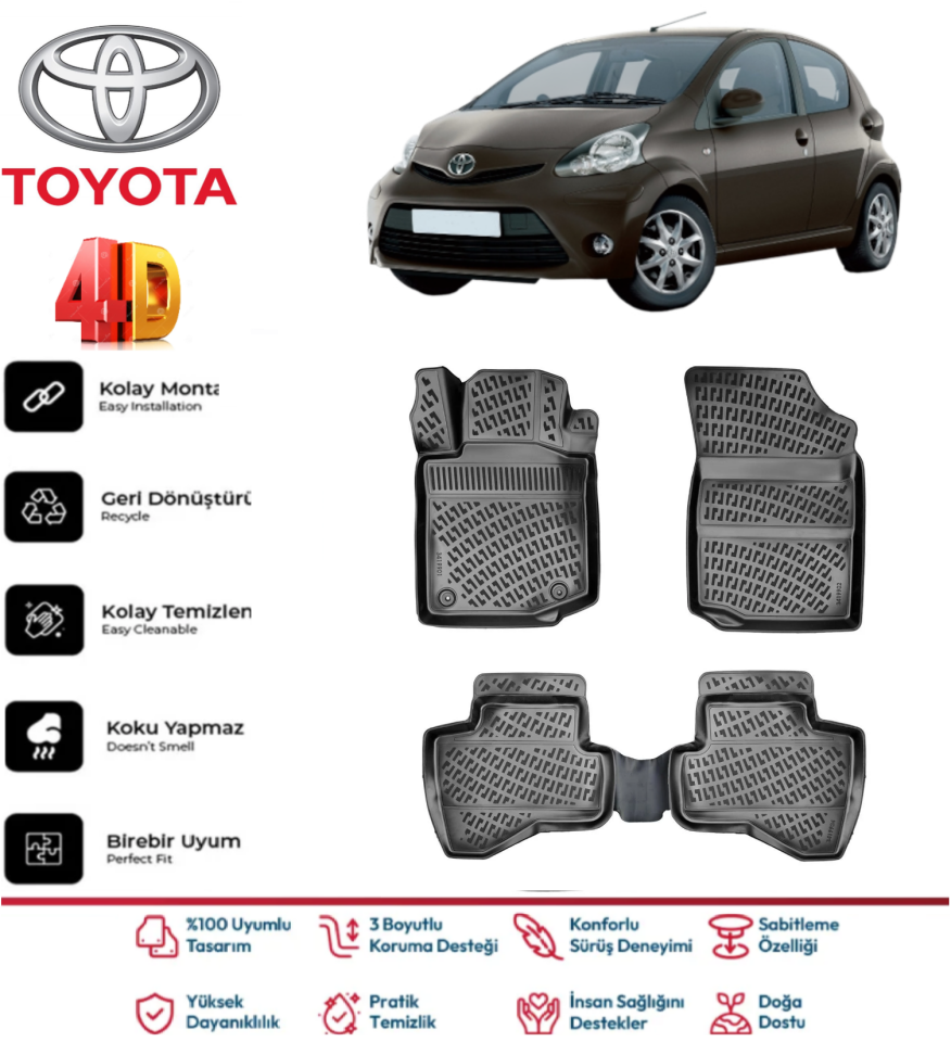 Toyota Aygo 2005-2014 4D Araca Özel Havuzlu Kokusuz Paspas Takımı