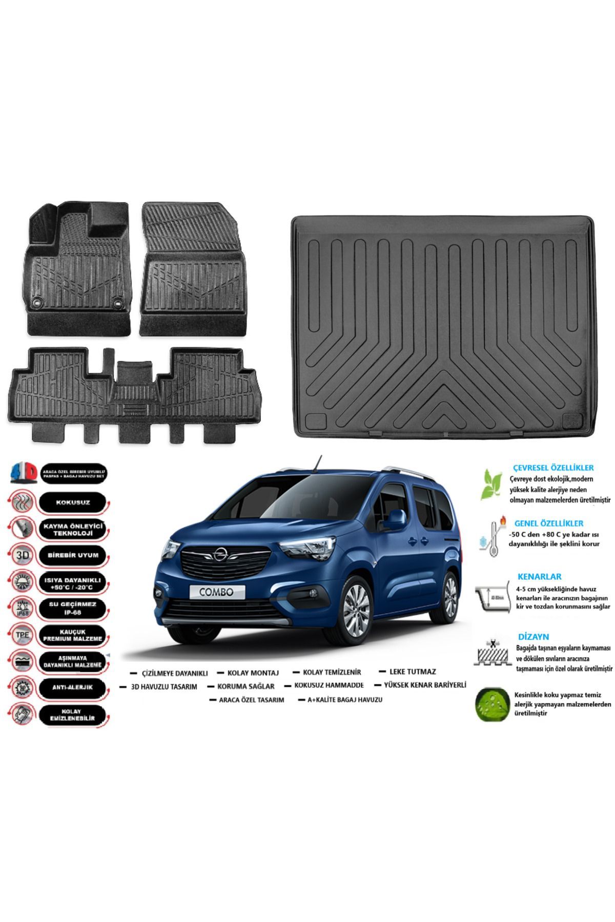 Opel Combo 2020 Model Esnek Bagaj Havuzu Araca Özel Siyah Paspas Seti