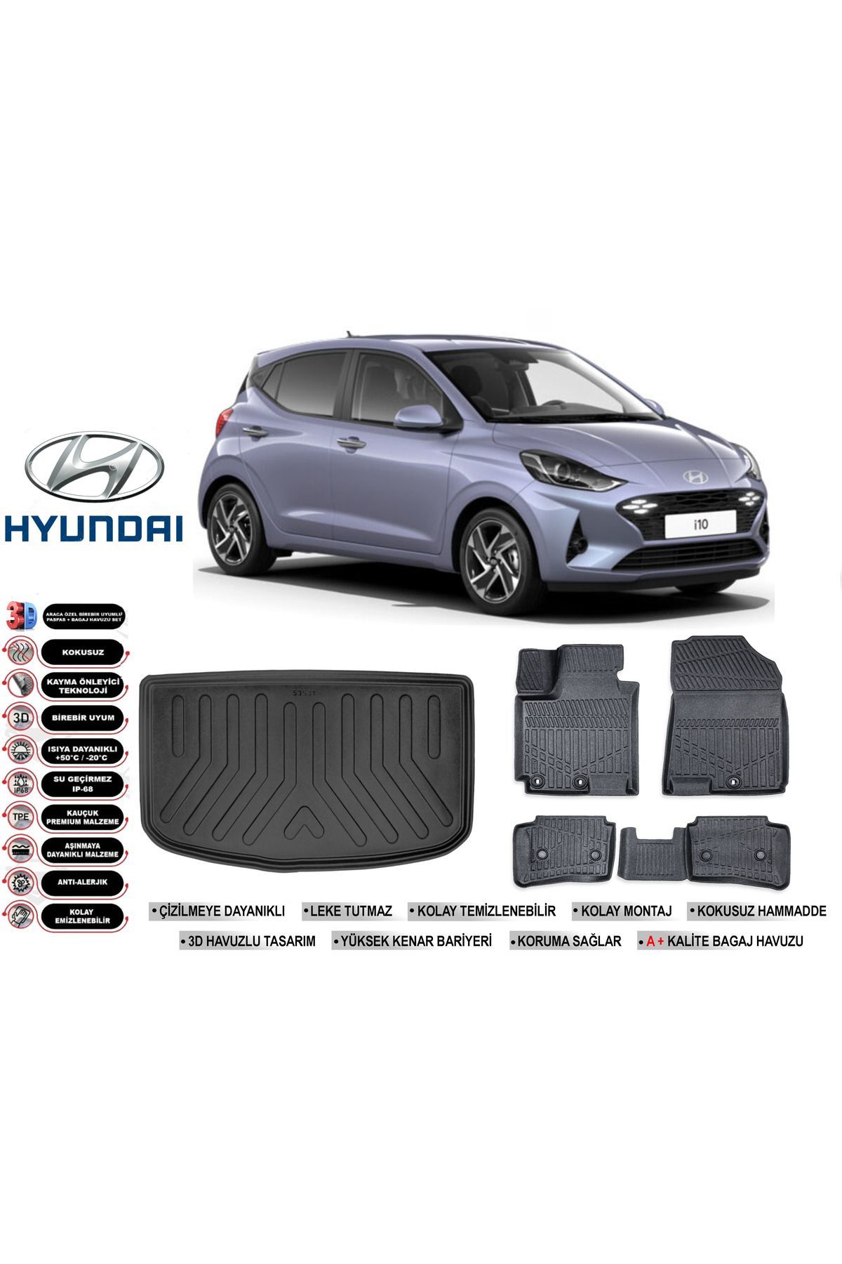 Hyundai İ10 2021 Model Bagaj Havuzu Araca Özel Siyah Extra Havuzlu Paspas Takımı
