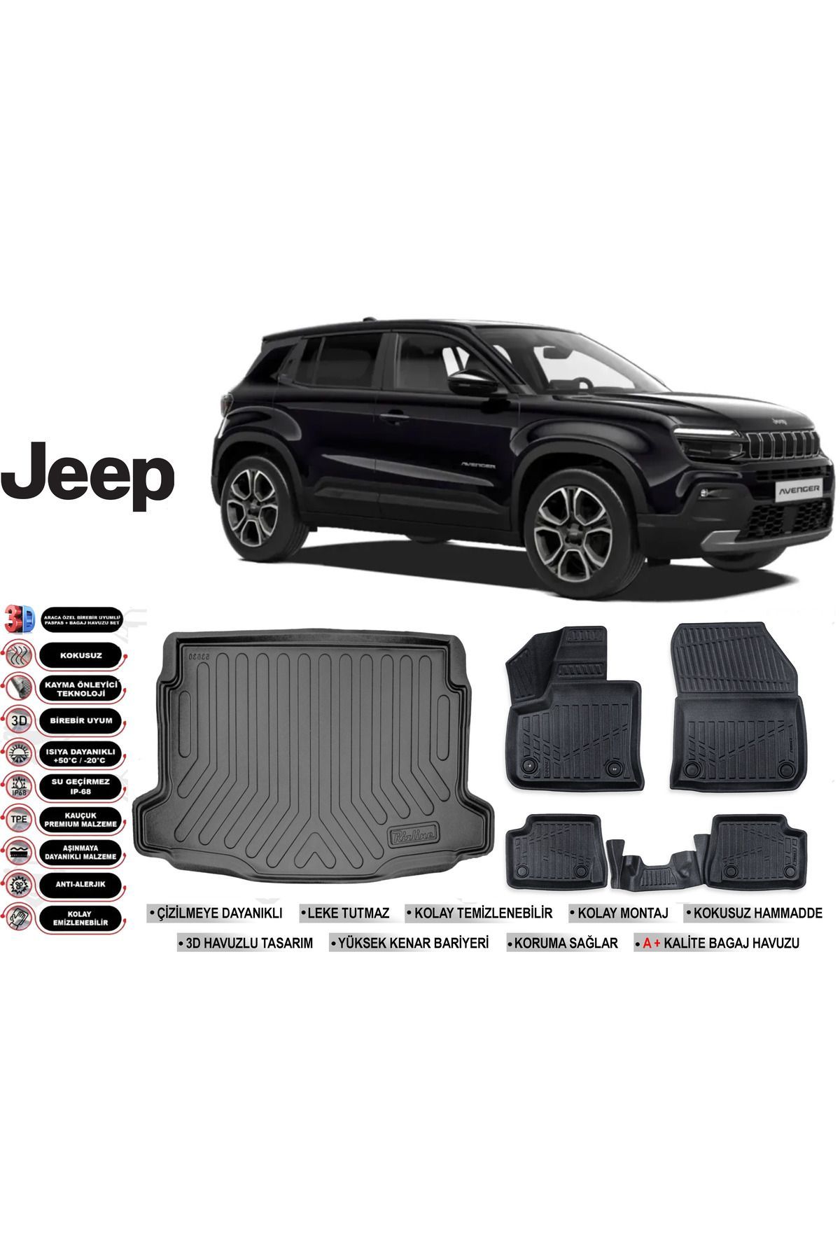 Jeep Avanger Elektrikli 2023 Model Üst Bagaj Havuzu Araca Özel Siyah Havuzlu Paspas Takımı Sett