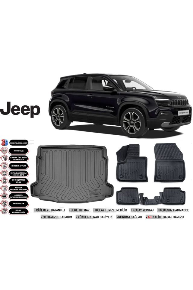 Jeep Avanger Elektrikli 2023 Model Üst Bagaj Havuzu Araca Özel Siyah Havuzlu Paspas Takımı Sett