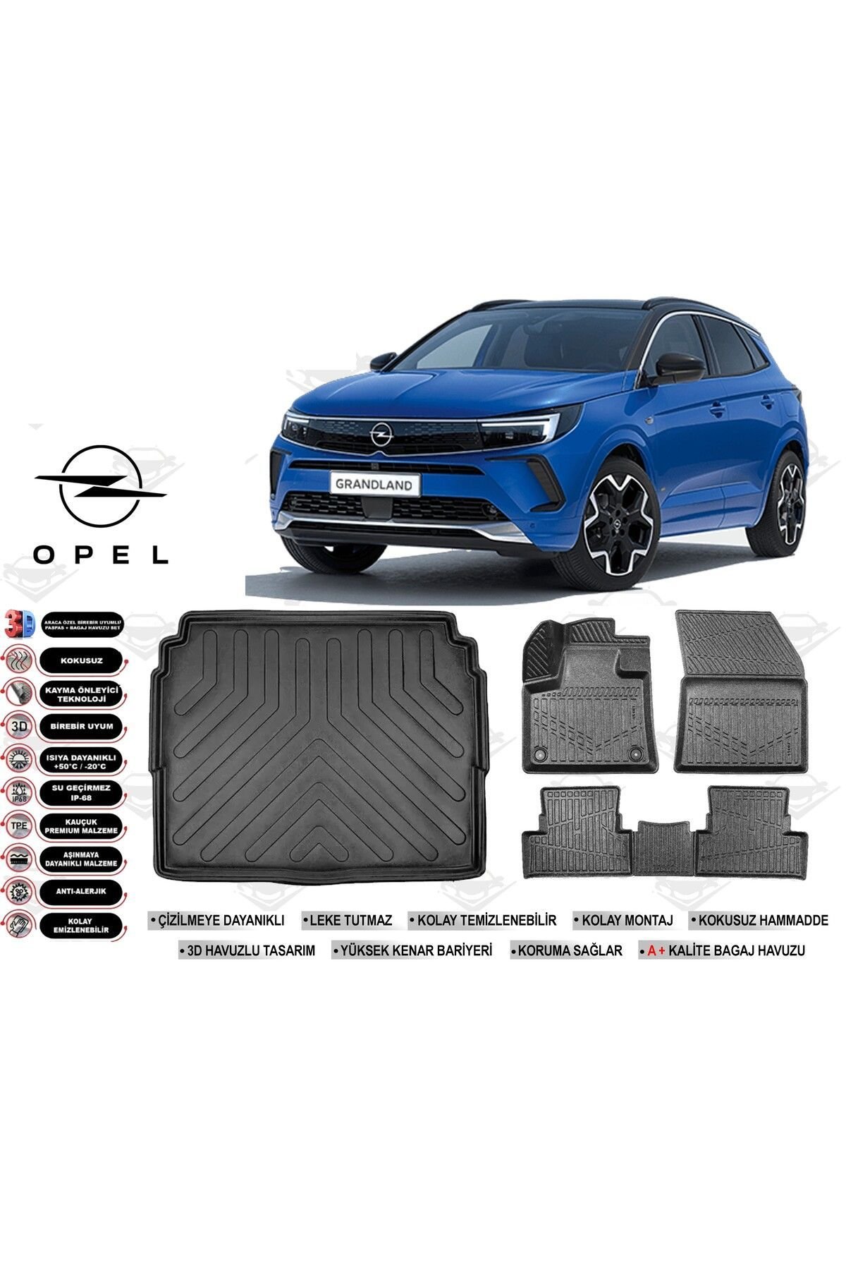 Opel Grandland 2025 Model Alt Bagaj Havuzu Araca Özel Siyah Havuzlu Paspas Takımı Sett