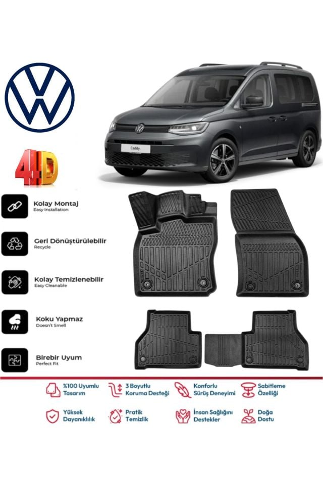 Volkswagen Caddy 2020 Ve Sonrası 4.5D Plus Havuzlu Siyah Paspas Takımı Yumuşak