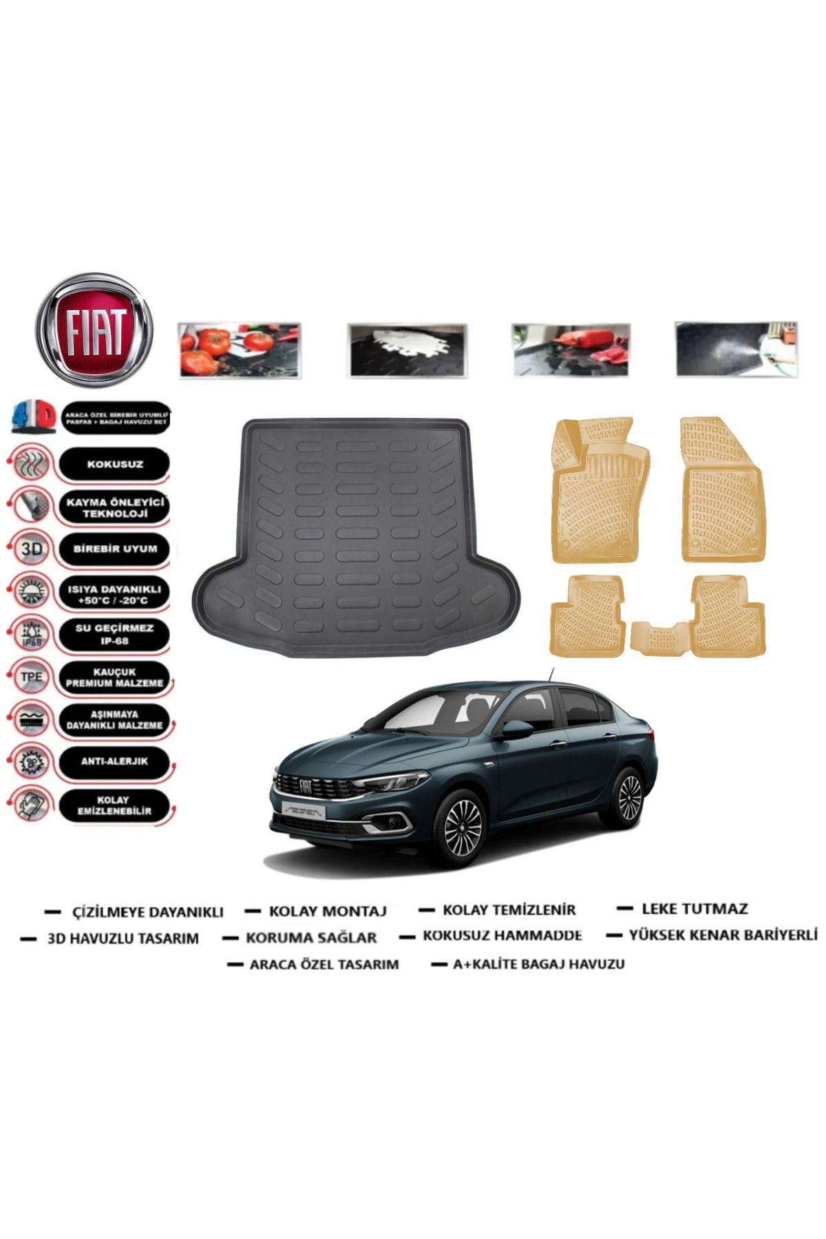 Fiat Egea Sedan 2019 Model Bagaj Havuzu(paspası)+Araca Özel Bej Paspas Takımı Flex