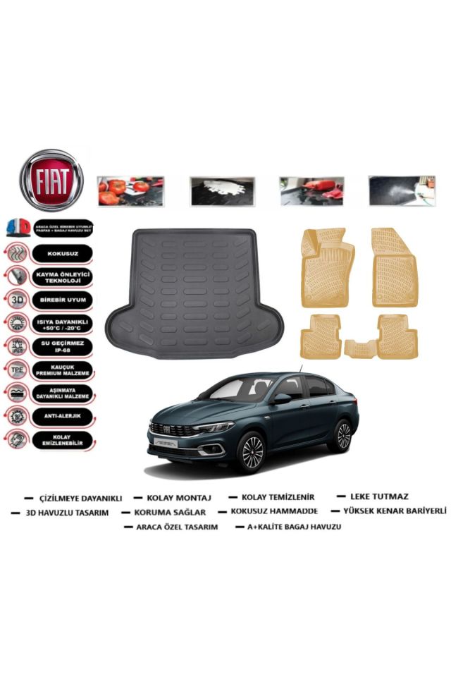 Fiat Egea Sedan 2019 Model Bagaj Havuzu(paspası)+Araca Özel Bej Paspas Takımı Flex