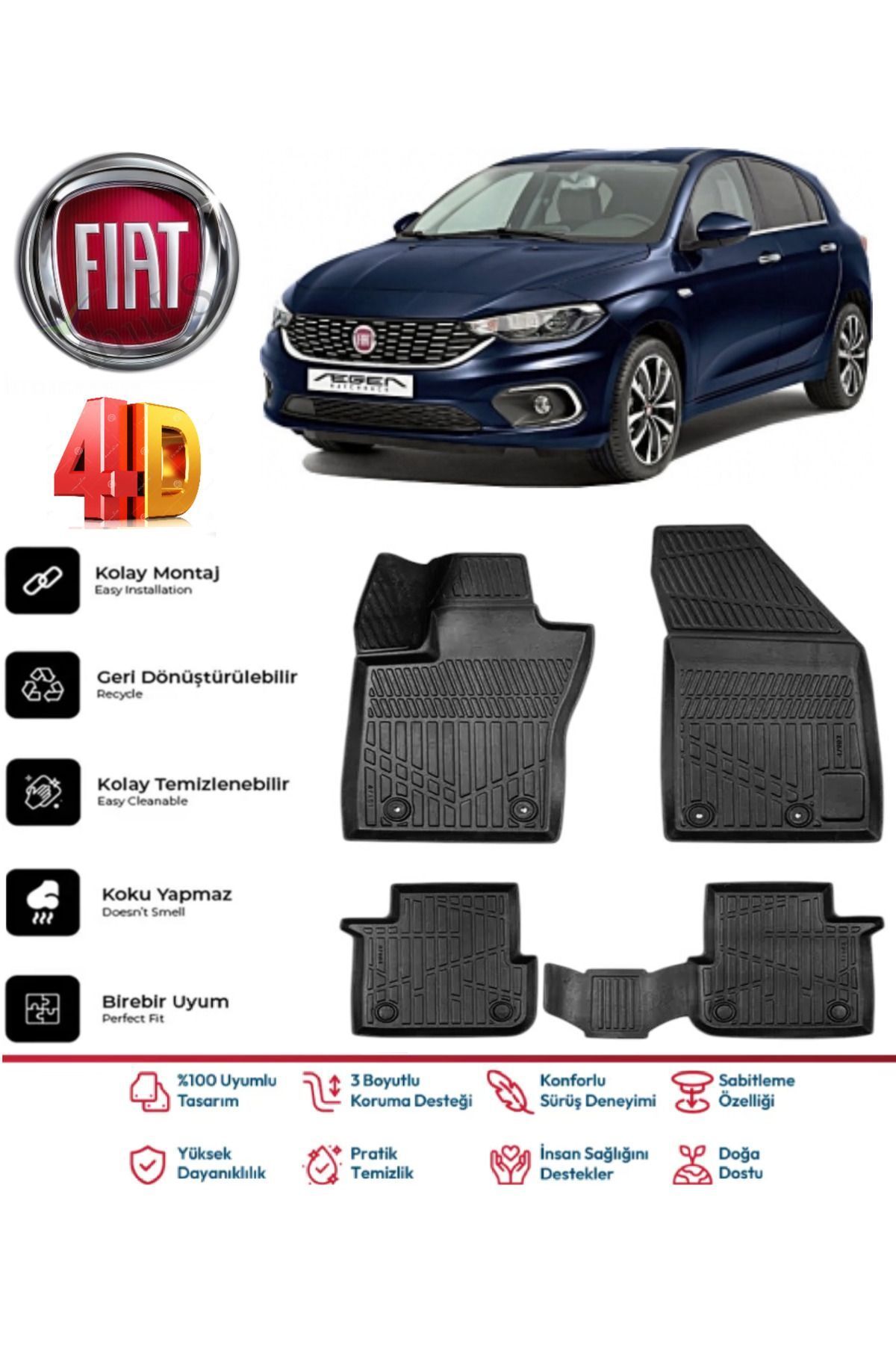 Fiat Egea Hatchback 2015 Ve Sonrası 4.5D Plus Havuzlu Siyah Paspas Takımı Yumuşak