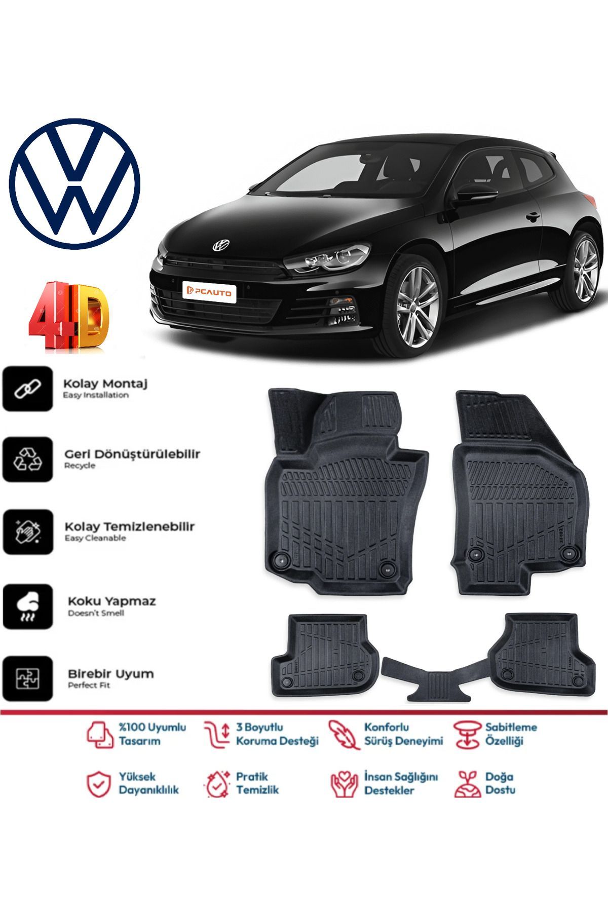 Volkswagen Scirocco 2008 Ve Sonrası 4.5D Plus Havuzlu Siyah Paspas Takımı Yumuşak