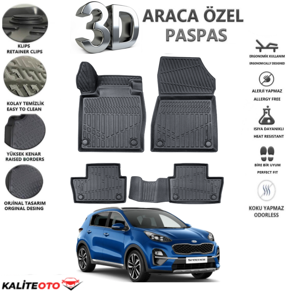 Kia Sportage 2021 Sonrası 4.5D Plus Havuzlu Siyah Paspas Takımı Yumuşak