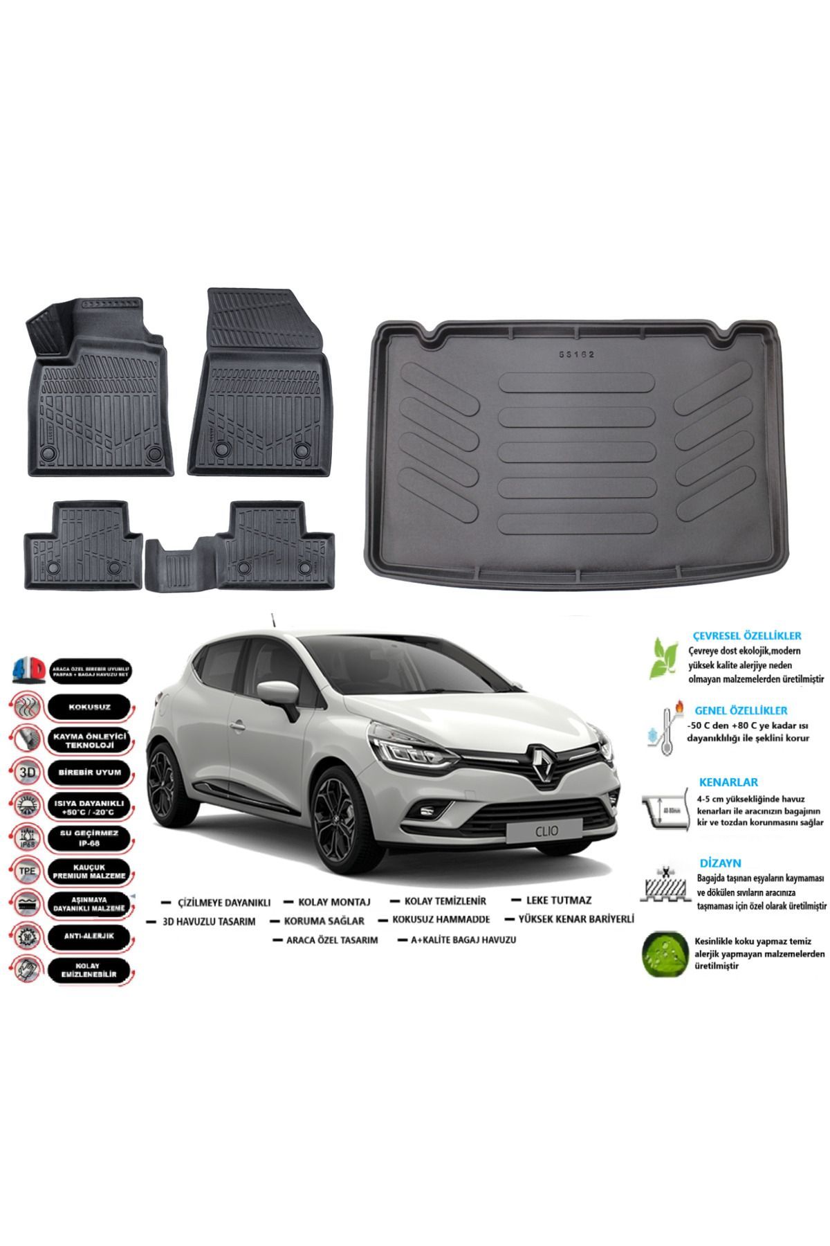 Renault Clio 4 2018 Model Esnek Bagaj Havuzu Araca Özel Siyah Paspas Seti
