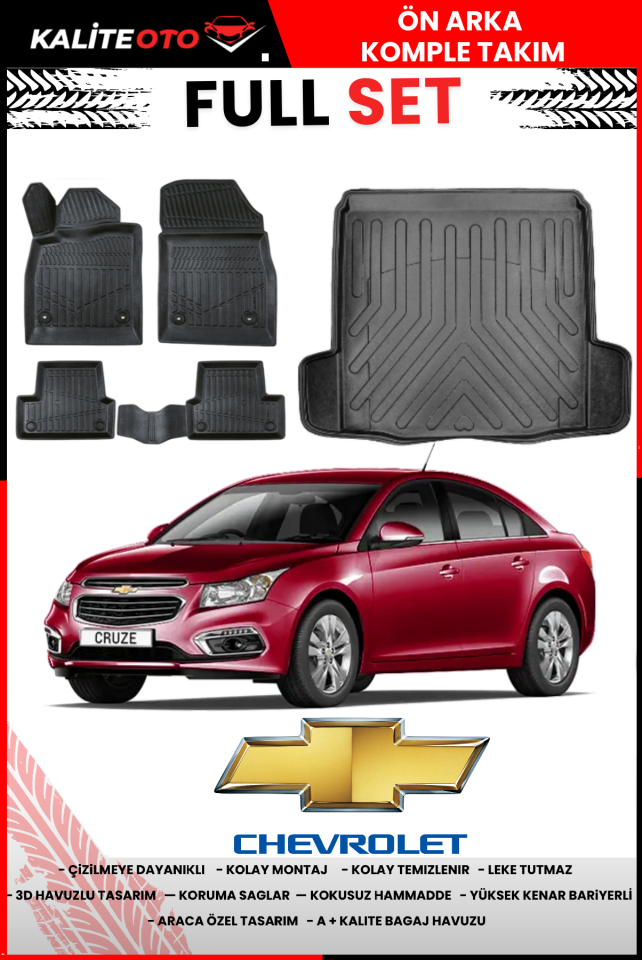 Chevrolet Cruze 2009-2016 Sedan Çift Kulak 3D Bagaj Havuzu+3D Araca Özel Paspas Takımı