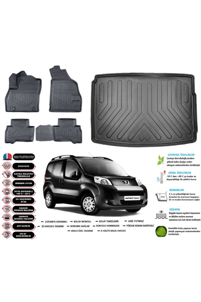 Peugeot Bipper 2011 Model Esnek Bagaj Havuzu Araca Özel Siyah Paspas Seti