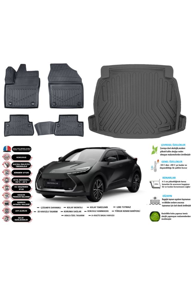 Toyota C-HR 2025 Model Ses Sistemsiz Esnek Bagaj Havuzu Araca Özel Siyah Paspas Takımı
