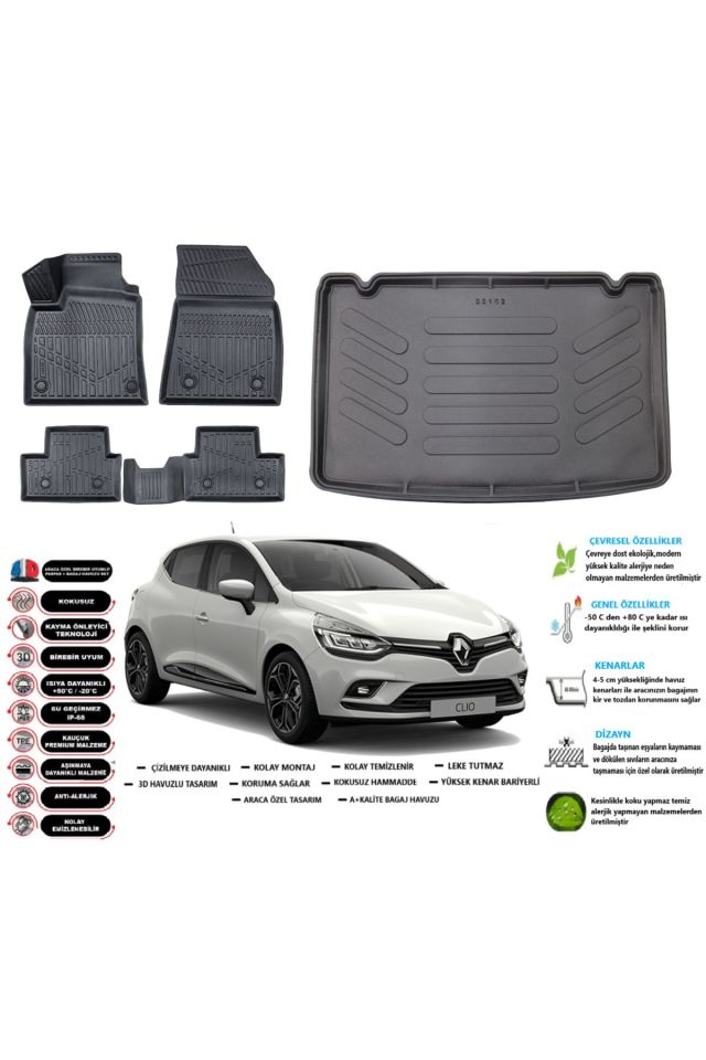 Renault Clio 4 2017 Model Esnek Bagaj Havuzu Araca Özel Siyah Paspas Seti