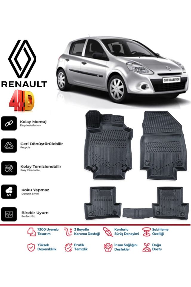 Renault Clio 3 2005-2012 4.5D Plus Havuzlu Siyah Paspas Takımı Yumuşak