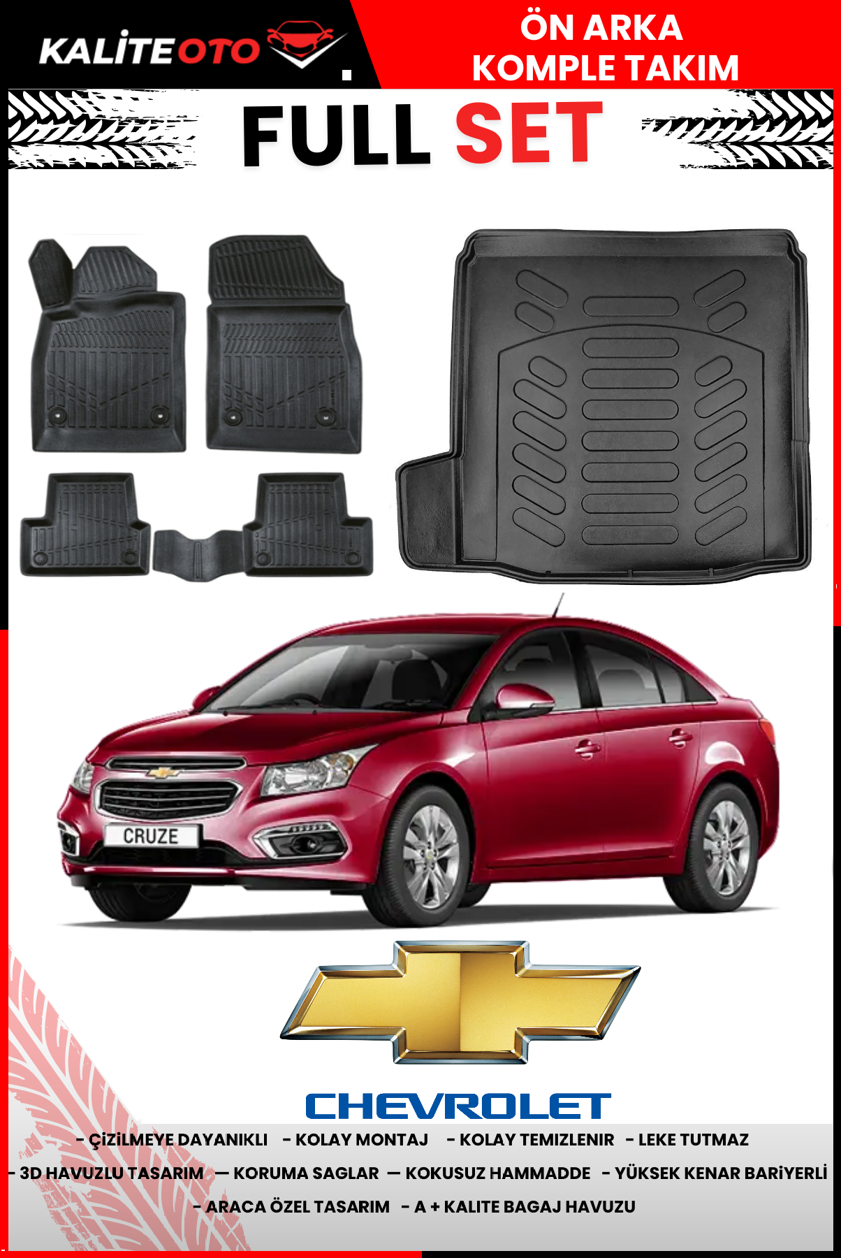 Chevrolet Cruze Sedan Tek Kulak 2009-2016 3D Bagaj Havuzu+3D Araca Özel Paspas Takımı