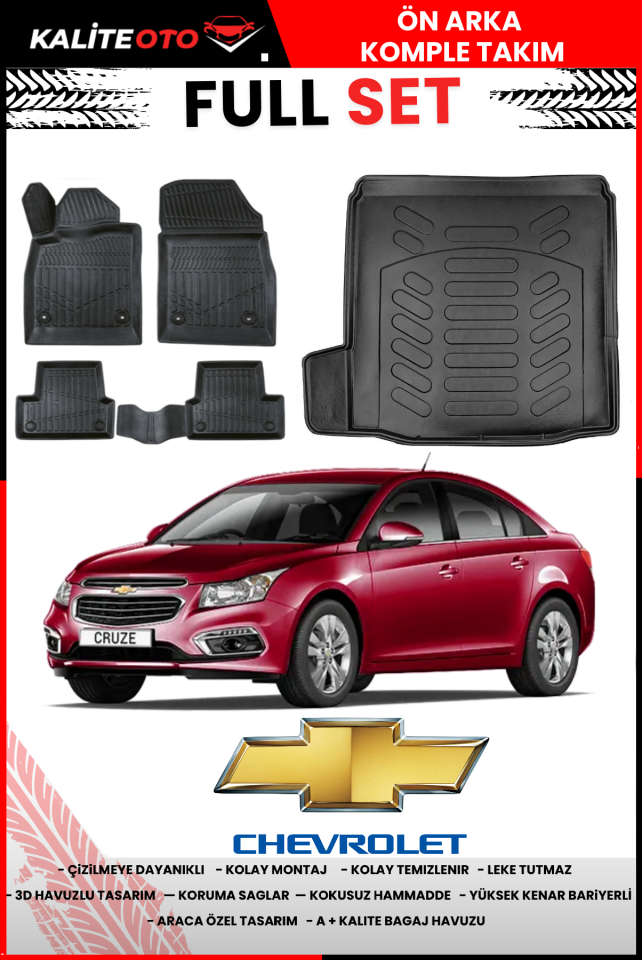 Chevrolet Cruze Sedan Tek Kulak 2009-2016 3D Bagaj Havuzu+3D Araca Özel Paspas Takımı