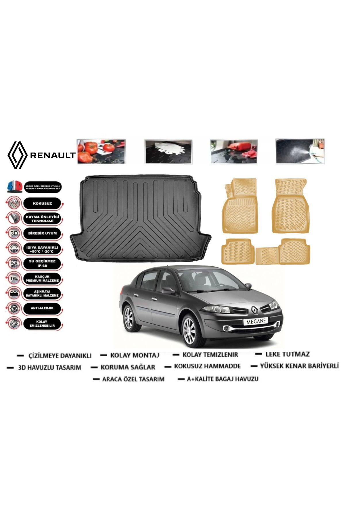 Renault Megane 2 Sedan 2003 Model Bagaj Havuzu+Araca Özel Bej Paspas Takımı Flex