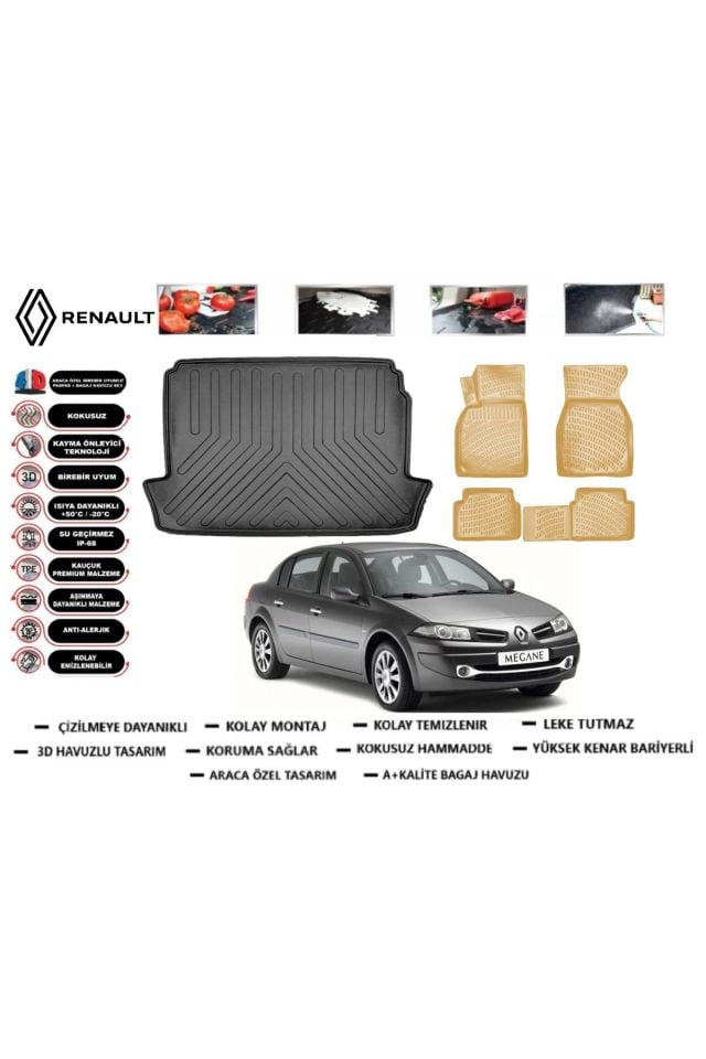Renault Megane 2 Sedan 2003 Model Bagaj Havuzu+Araca Özel Bej Paspas Takımı Flex