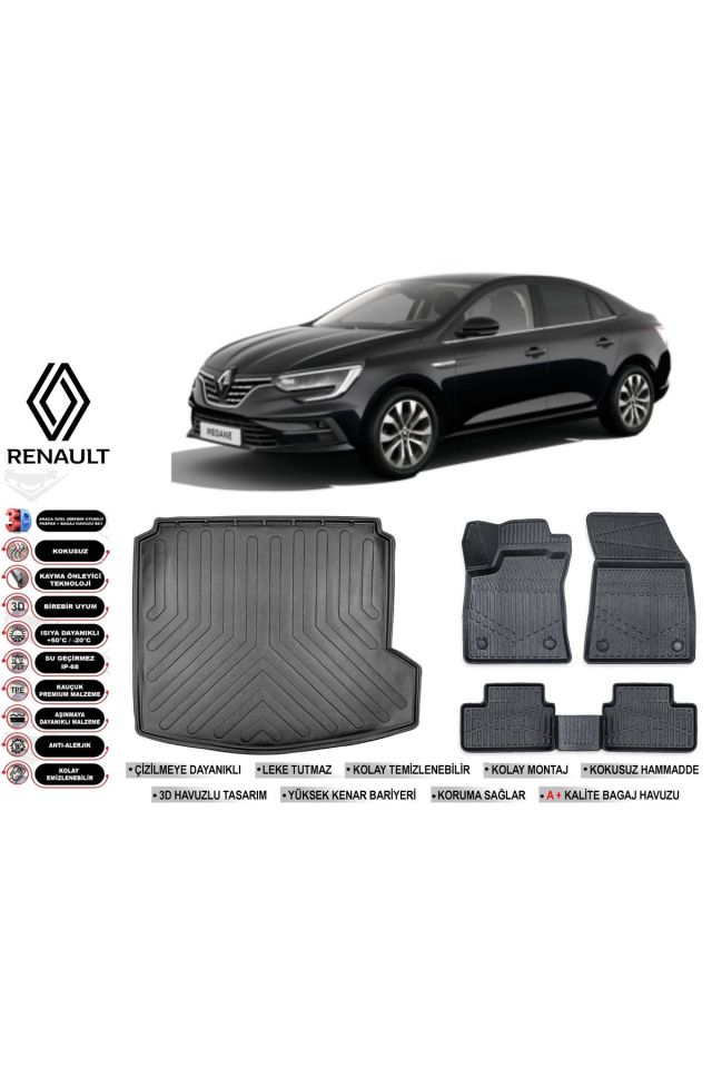 Renault Megane 4 2019 Model Sağ Kulak Bagaj Havuzu Araca Özel Siyah Kokusuz Havuzlu Paspas Takımı
