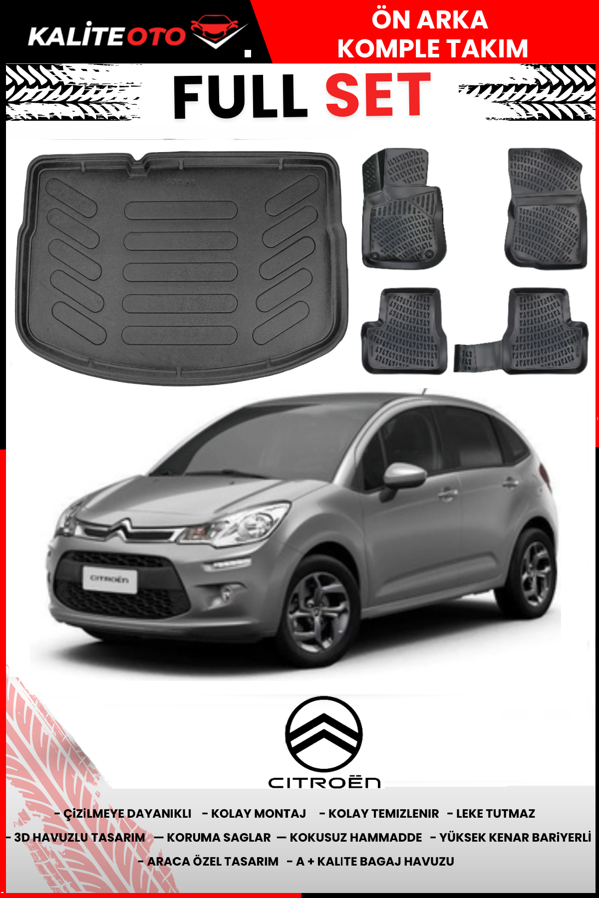 Citroen C3 2009-2016 3D Bagaj Havuzu+3D Araca Özel Paspas Takımı