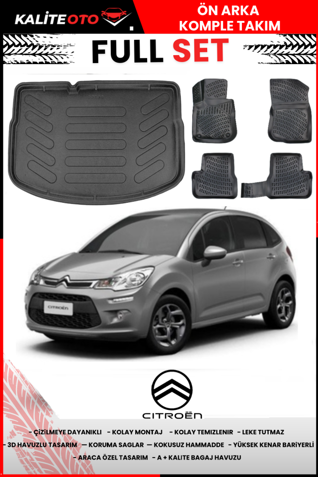 Citroen C3 2009-2016 3D Bagaj Havuzu+3D Araca Özel Paspas Takımı