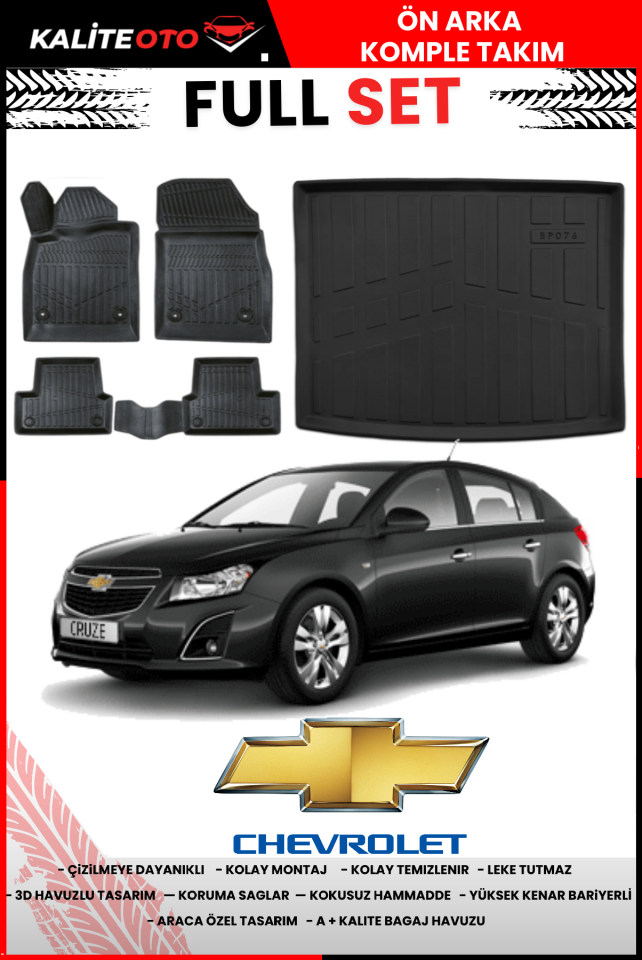 Chevrolet Cruze HatchBack 2009-2016 3D Bagaj Havuzu+3D Araca Özel Paspas Takımı